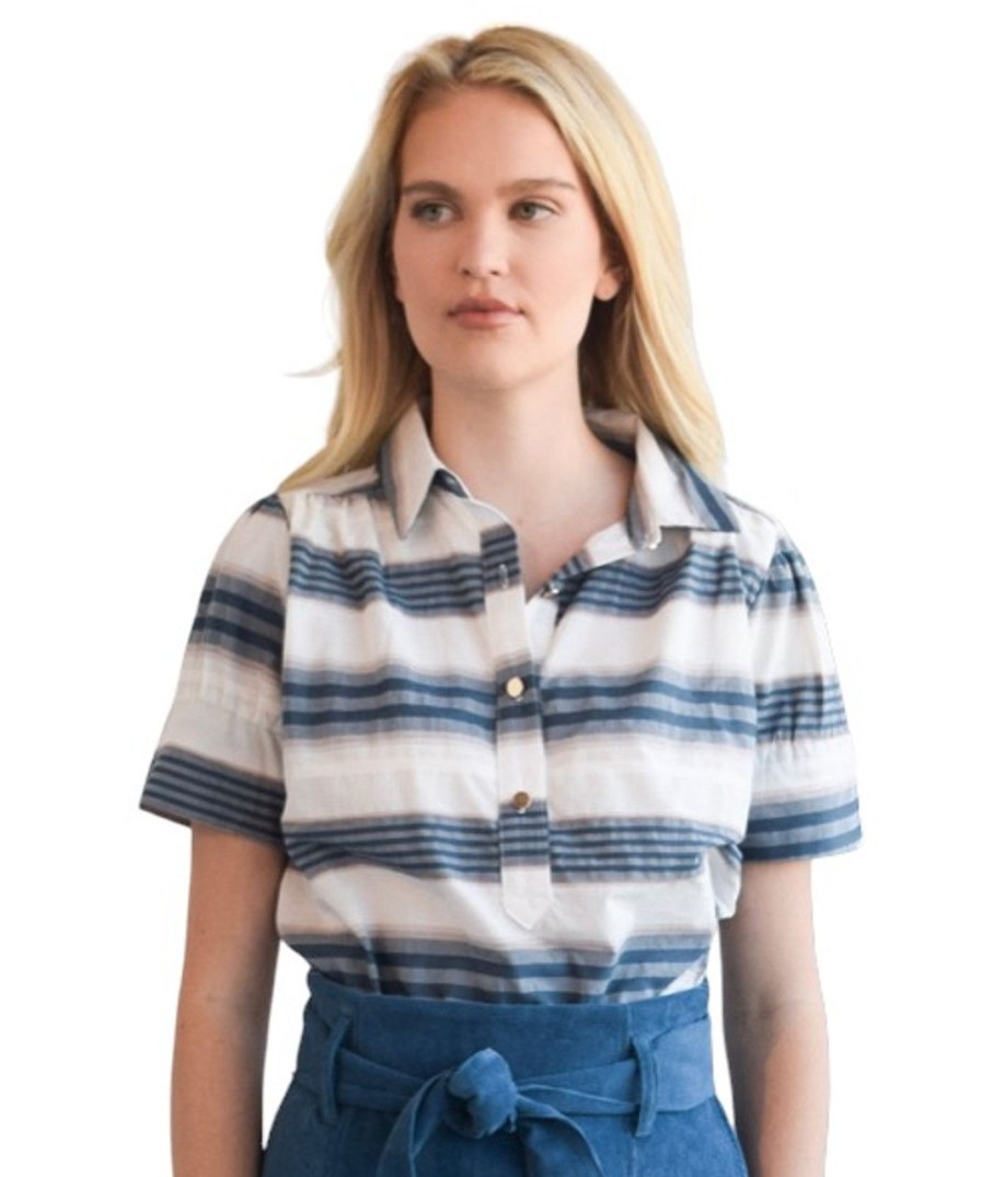 Clothing Never A Wallflower | Never A Wallflower Everything Short Sleeve Top, Blue And Brown Stripe