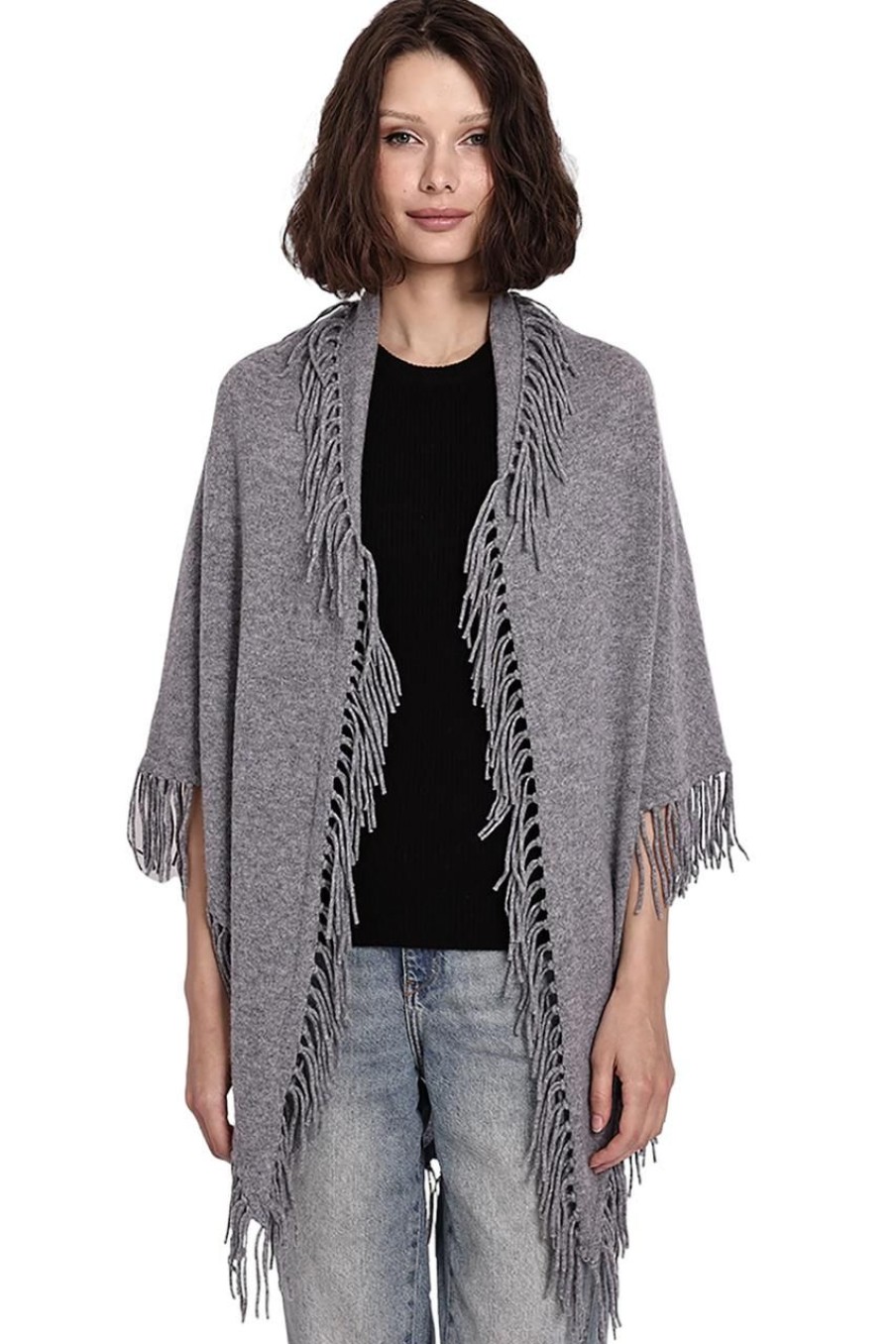 Clothing MINNIE ROSE | Minnie Rose Cashmere Fringe Shawl, Grey Shadow