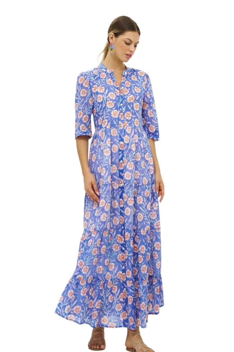 Clothing OLIPHANT | Oliphant Button Neck 3/4 Sleeve Maxi, Amalfi Periwinkle