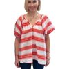 Clothing Never A Wallflower | Never A Wallflower Gathered V-Neck Top, Pink And Orange Stripe