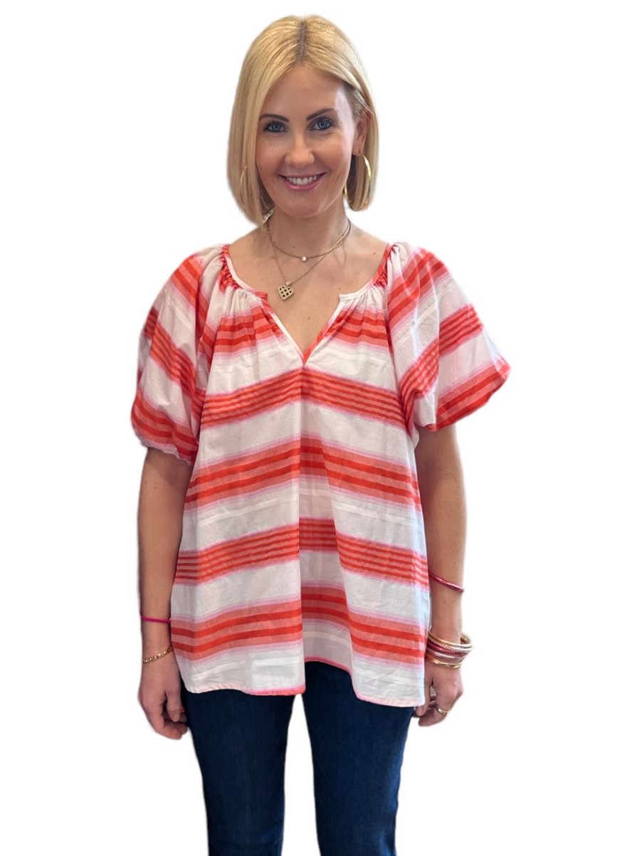 Clothing Never A Wallflower | Never A Wallflower Gathered V-Neck Top, Pink And Orange Stripe