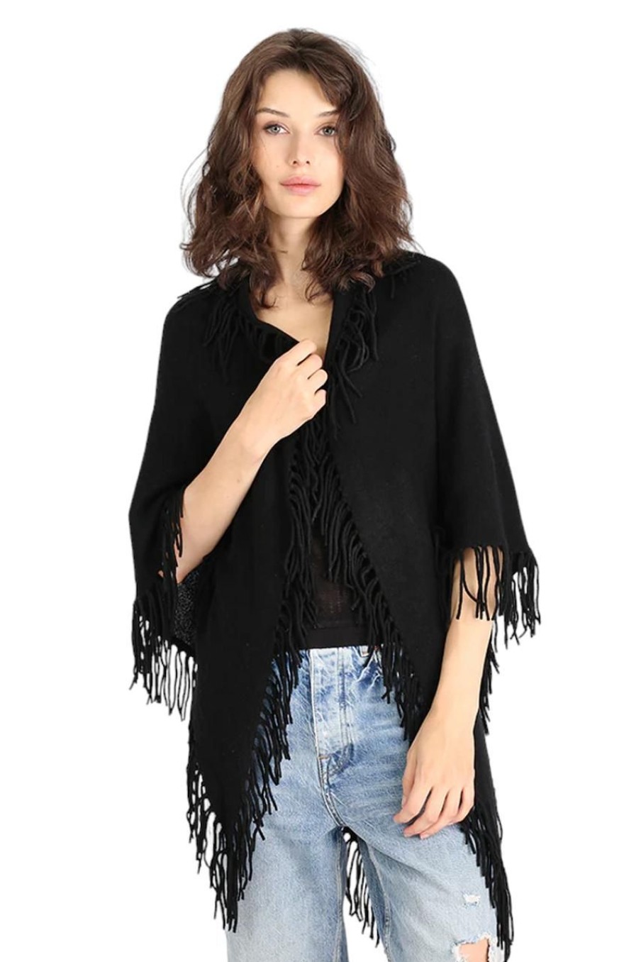 Clothing MINNIE ROSE | Minnie Rose Cashmere Fringe Shawl, Black