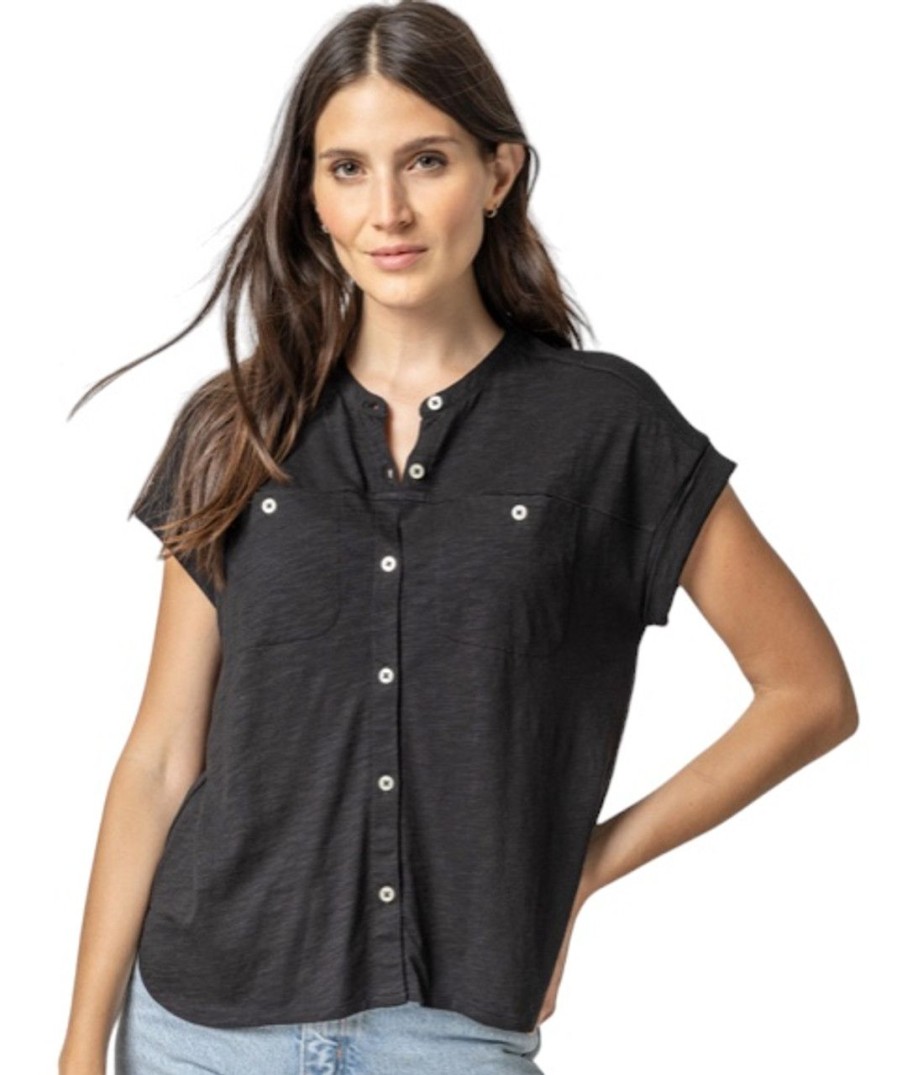 Clothing LILLA P | Lilla P Mandarin Collar Button Down, Black